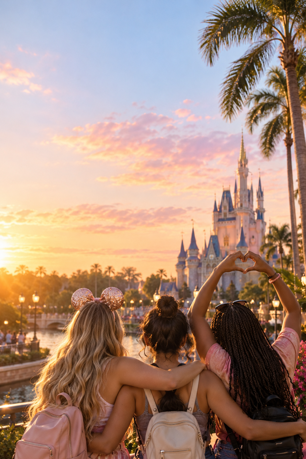 Friends sharing a sunset moment near a storybook castle